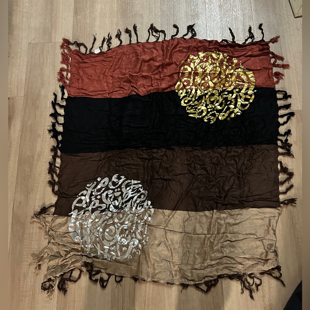 Boho Tassel Scarf with Metallic Arabic Medallions - Rust, Black, Brown